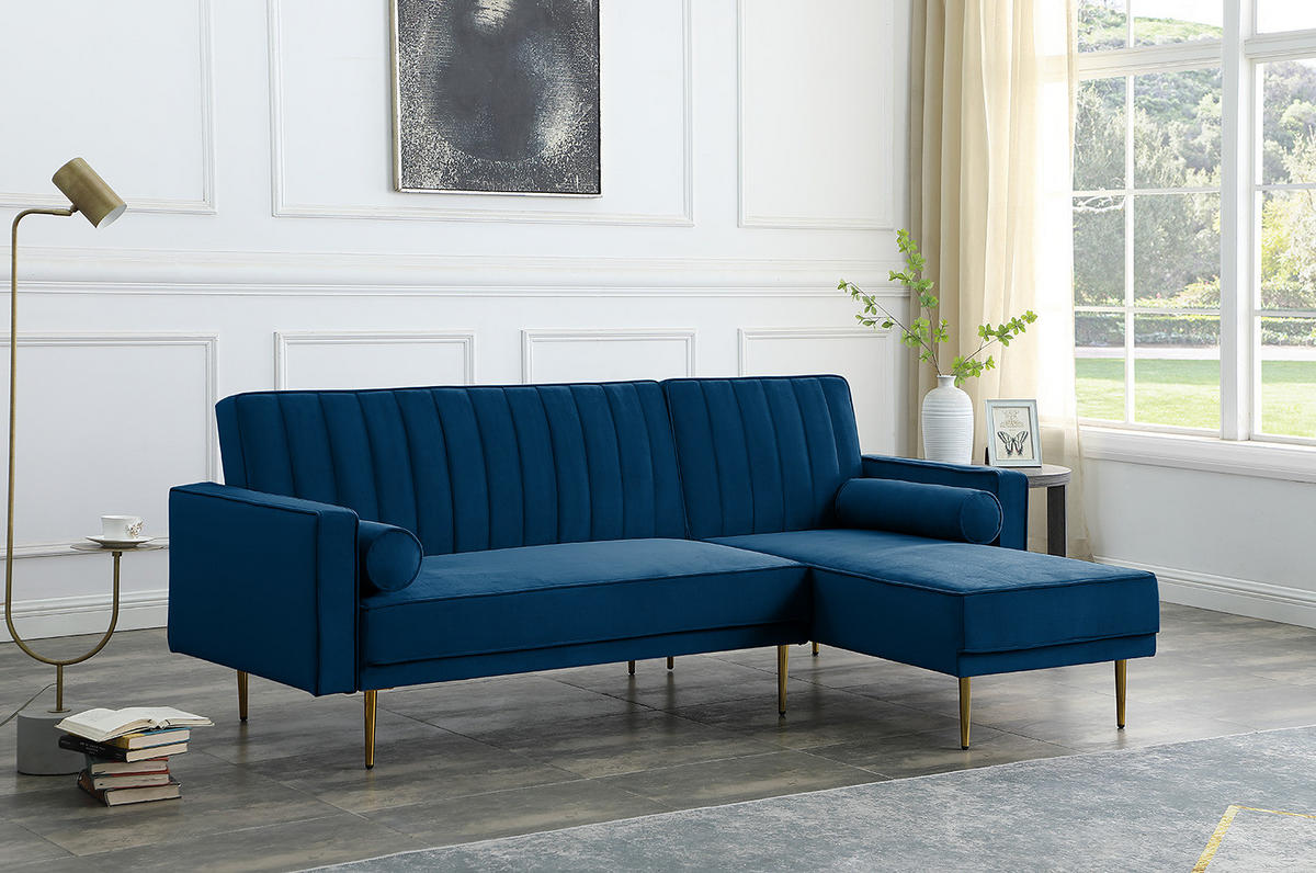 ECKSOFA mit Schlaffunktion - Goldfarben/Blaugrau, Textil/Metall (223/144cm) - home24