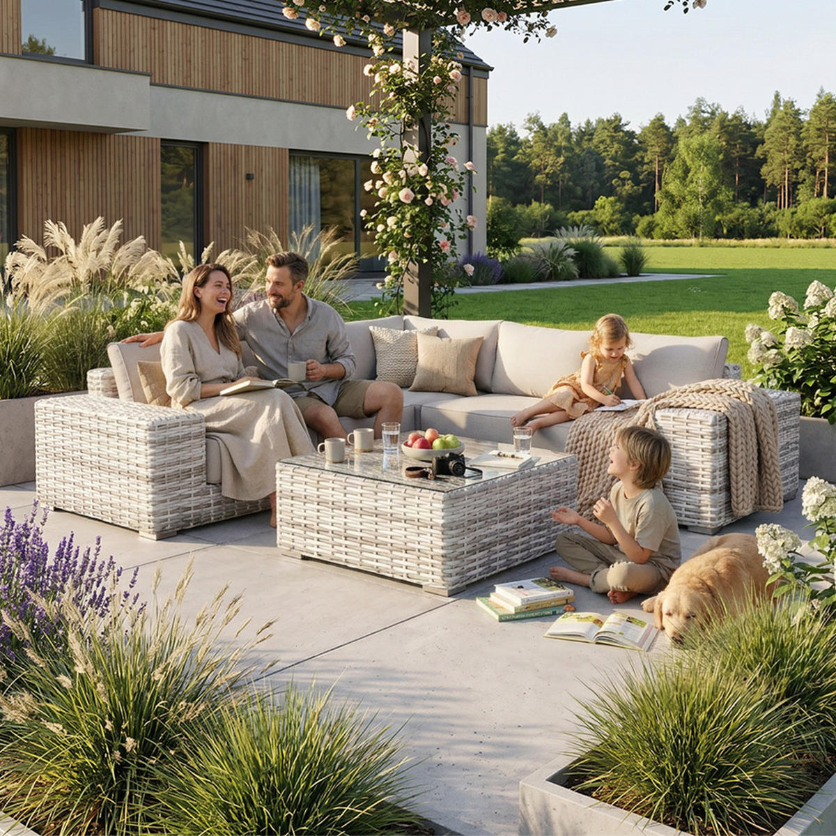 GARTENSET Solaris aus Technorattan, mit Ecksofa und Kaffeetisch, Hellgrau - Grau, Kunststoff/Metall - Beautysofa