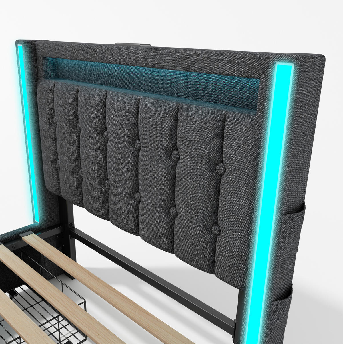 POLSTERBETT aus Leinen 90x200 cm Grau mit LED-Beleuchtung, USB- und Typ-C-Anschluss sowie 2 Schubladen - Grau, Textil (90/200cm) - IVMEU