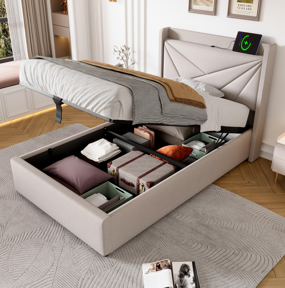 POLSTERBETT 90/200 cm mit Bettkasten, USB-C und gepolstertem Kopfteil - Beige, Textil (90/200cm) - BEAOK