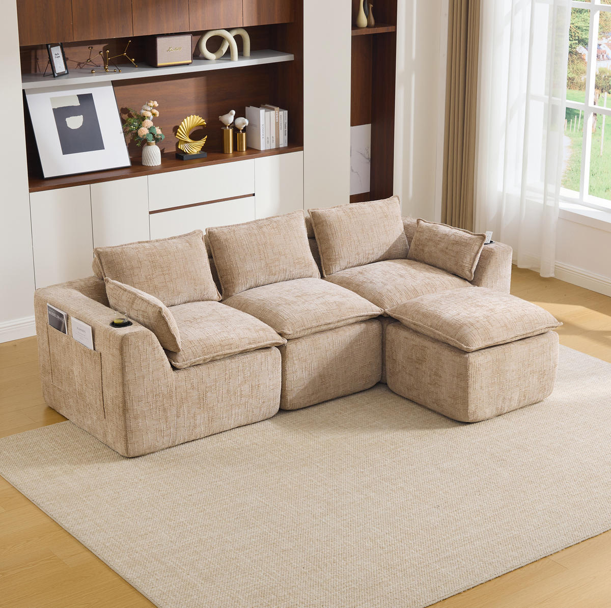 SOFA modular 3-Sitzer mit Fußhocker 256 x 161 cm Chenille Khaki - Braun, Holzwerkstoff (161/256cm) - Meubliv