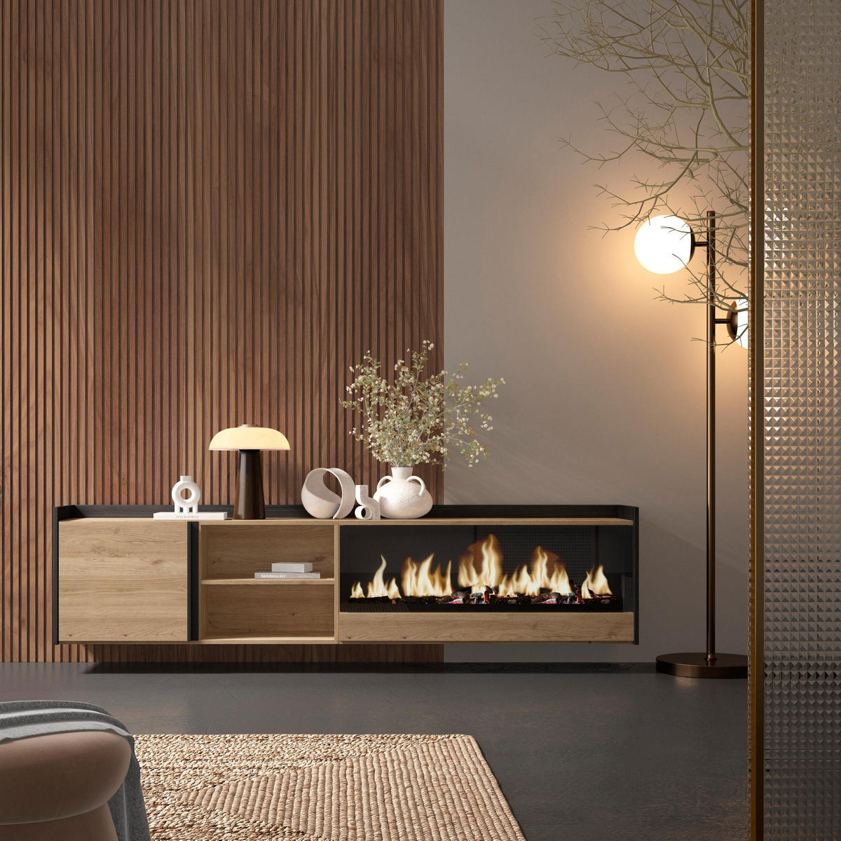 LOWBOARD, Eiche und Schwarz, 212/35/50cm, Kamin mit Feuereffekt XXL - Eichefarben, Holzwerkstoff (212/50/35cm) - Skraut Home