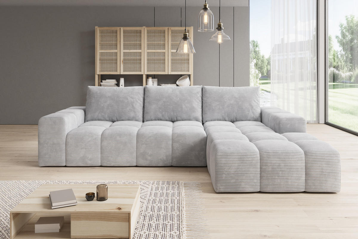 ECKSOFA Cento, L-Form, Ottomane Rechts, Cordstoff, 285x56x180 cm, Grau - Grau, Holz (250/180cm) - PROMETO Möbel