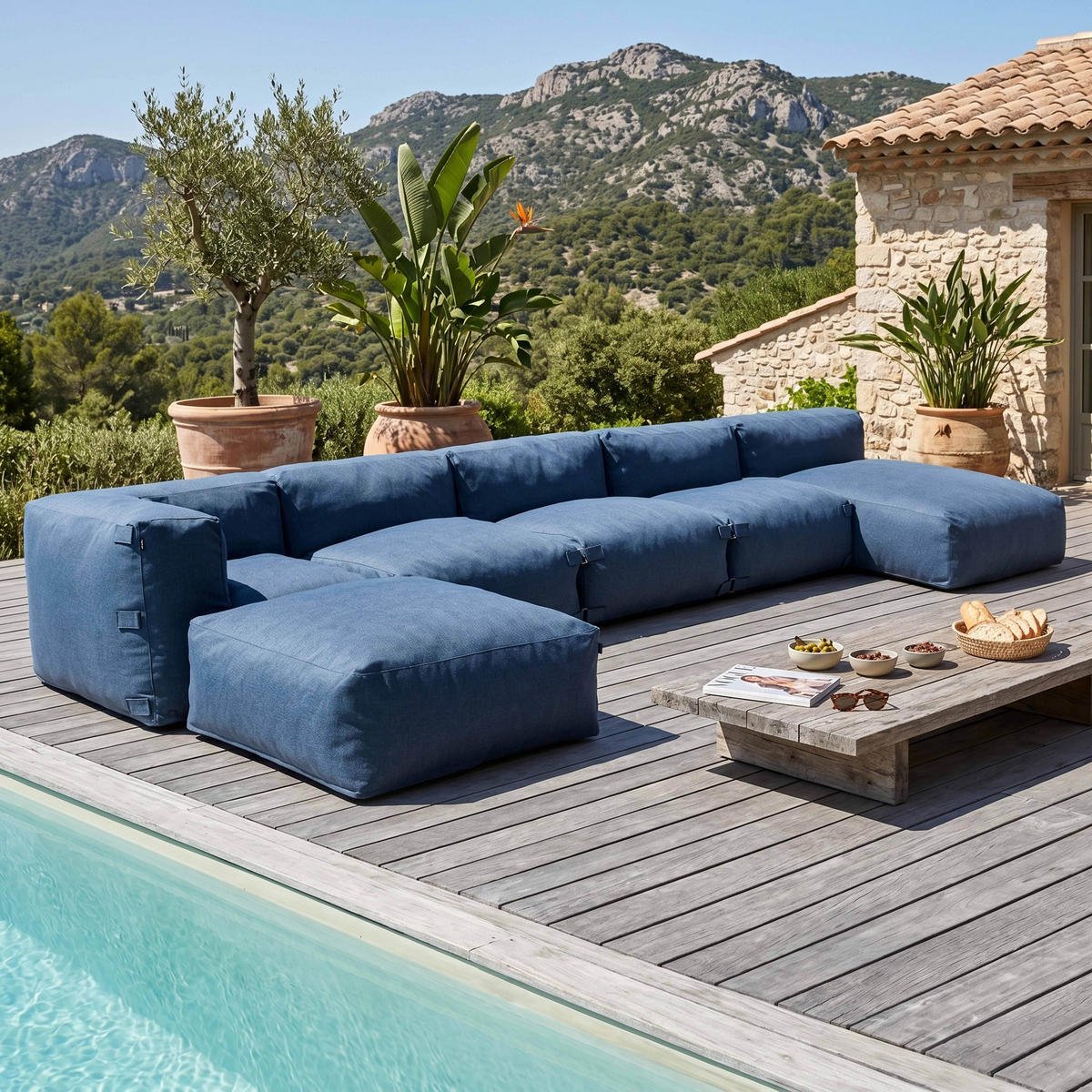 GARTENSOFA 6-tlg., Pazifikblau - Blau, Textil - Oviala