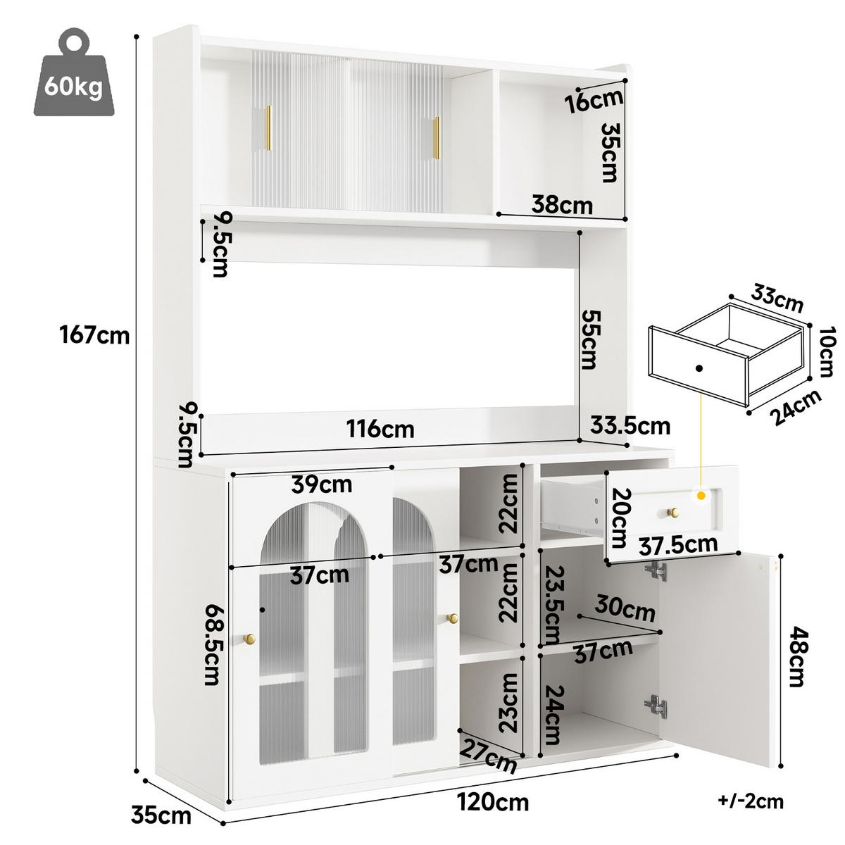 KÜCHENSCHRANK Buffetschrank mit Glastüren, 120/167/35 cm, MDF, Weiß, MIT LED-BELEUCHTUNG, für Esszimmer - Weiß, Holzwerkstoff (35/167/120cm) - Rolipo