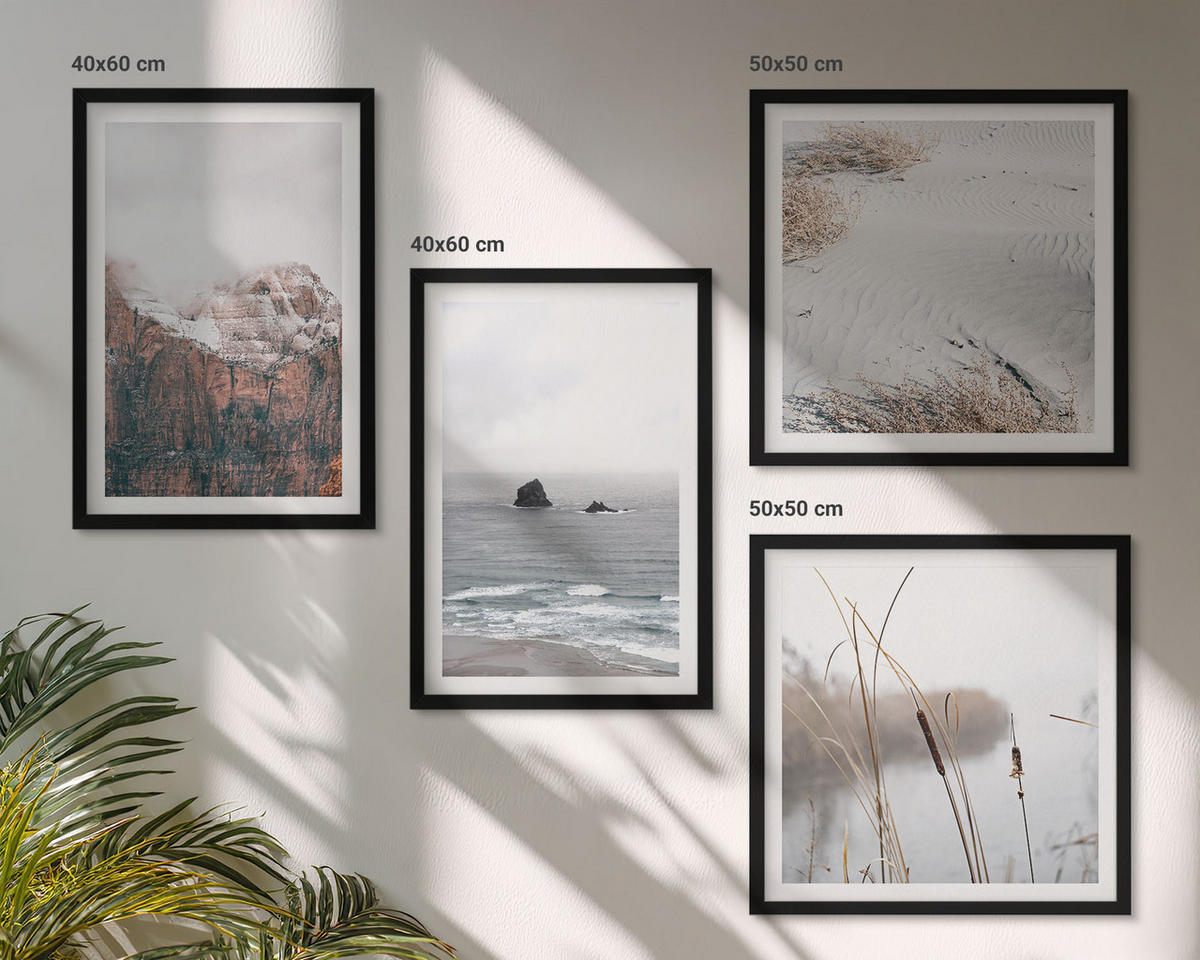 BILDER SET 4er Set - 50x50 cm & 40x60 cm Schwarzer Rahmen - Abstrakte Wellen, graue Pastellfarben - Schwarz, Kunststoff (50/50cm) - TULUP
