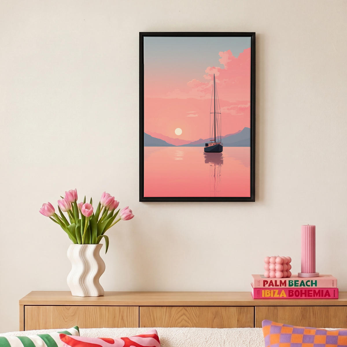 LEINWAND Bilder mit Rahmen - Segelboot - Rosa Meer - Sonnenuntergang - Berge - 20x30 - Rosa, Textil (20/30cm) - MuchoWow