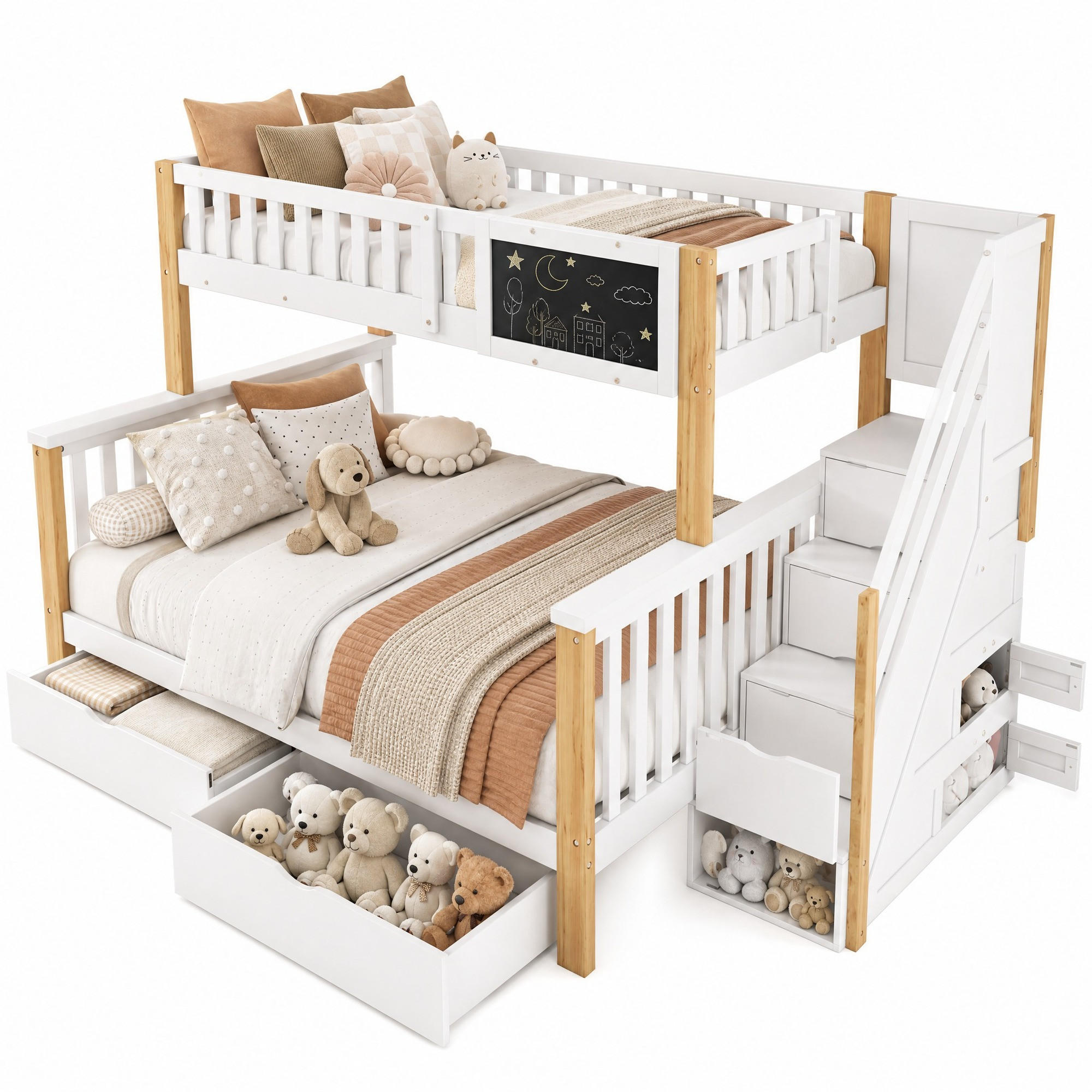 ETAGENBETT 90/200+140/200 mit Tafel, Stauraumtreppe und 2 Schubladen in Weiß und Helleiche - Weiß, Holz (90/200cm) - EVRYAE