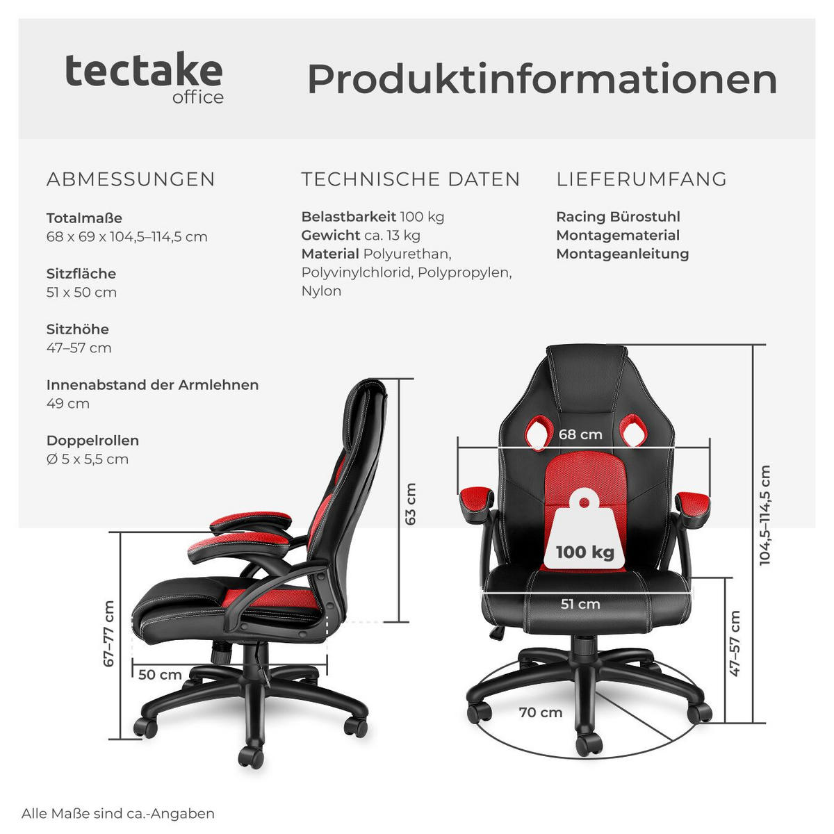 BÜROSTUHL Mike, stufenlos höhenverstellbar, schwarz/rot - Rot/Schwarz, Leder (68/114.5/69cm) - tectake
