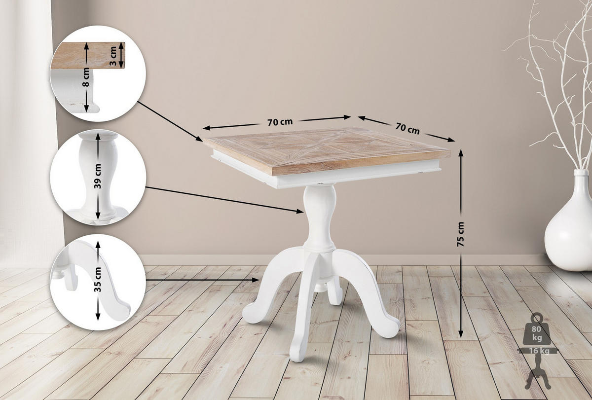 BEISTELLTISCH eckig 70/70/75 cm Holz Natura/Weiß - Eukalyptusholzfarben/Weiß, Holz (70/70/75cm) - CLP