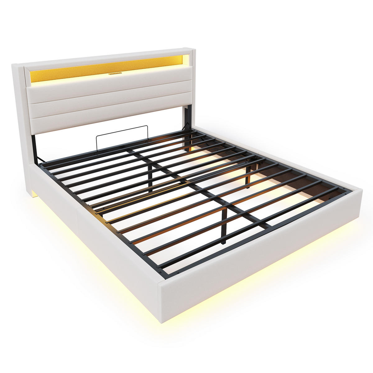 POLSTERBETT 160/200 cm Beige Hydraulisches Stauraumbett mit USB und LED-Beleuchtung - Beige, Textil (160/200cm) - OKWISH