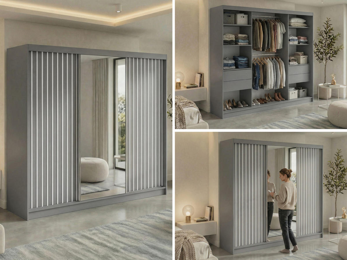 SCHWEBETÜRENSCHRANK mit Spiegel und Schubladen LAOS - 240 - Grau - Weiß Lamellen - Alufarben/Weiß, Holzwerkstoff/Metall (240/216/61cm) - MKS