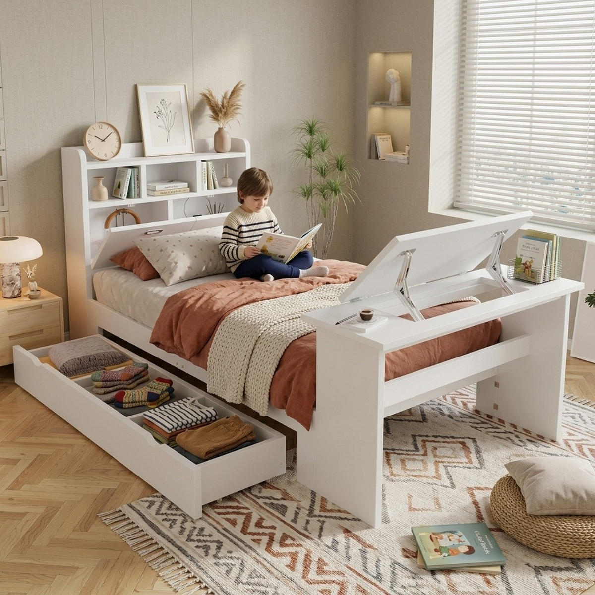 STAURAUMBETT 90/200 cm Weiß mit Klapptisch ohne Matratze - Weiß, Holz (90/200cm) - MIVRAY
