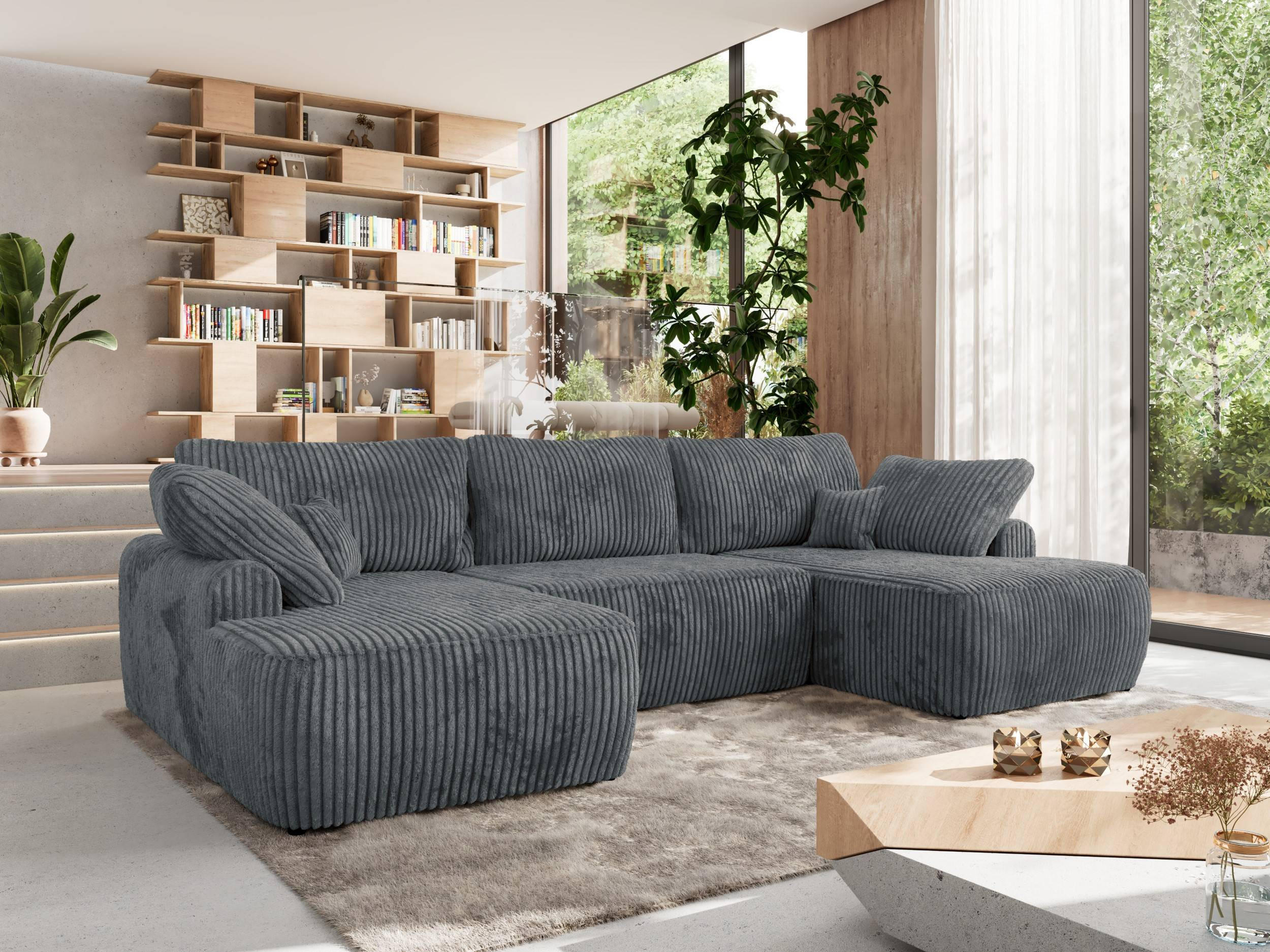 WOHNLANDSCHAFT CUBO U Dunkelgrau Cord - Dunkelgrau/Schwarz, Kunststoff/Textil (370/100/187cm) - MKS