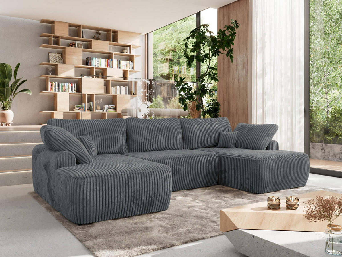WOHNLANDSCHAFT CUBO U Dunkelgrau Cord - Dunkelgrau/Schwarz, Kunststoff/Textil (370/100/187cm) - MKS