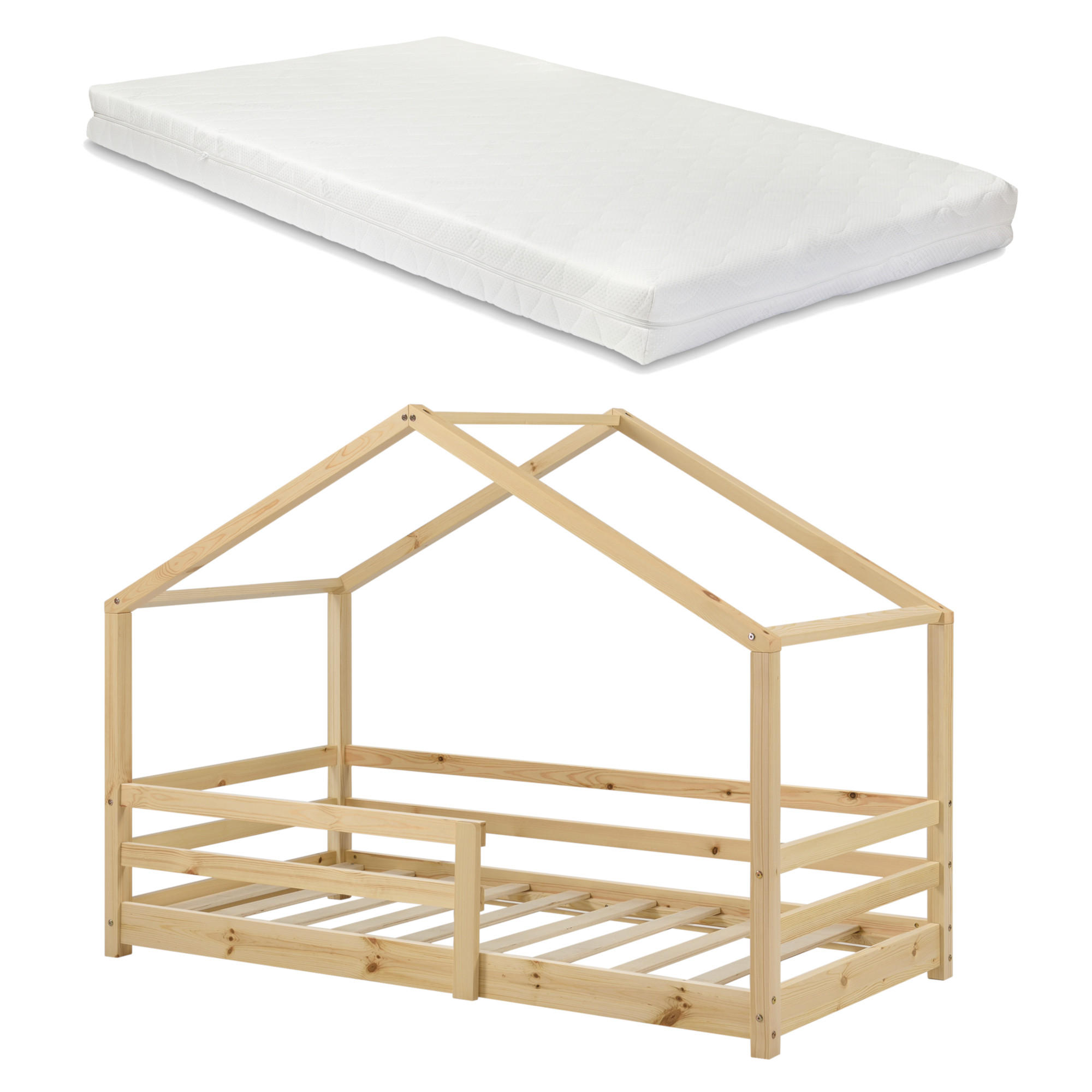HAUSBETT Knätten mit Matratze - Naturfarben, Holz/Textil (90/200cm) - [en.casa]