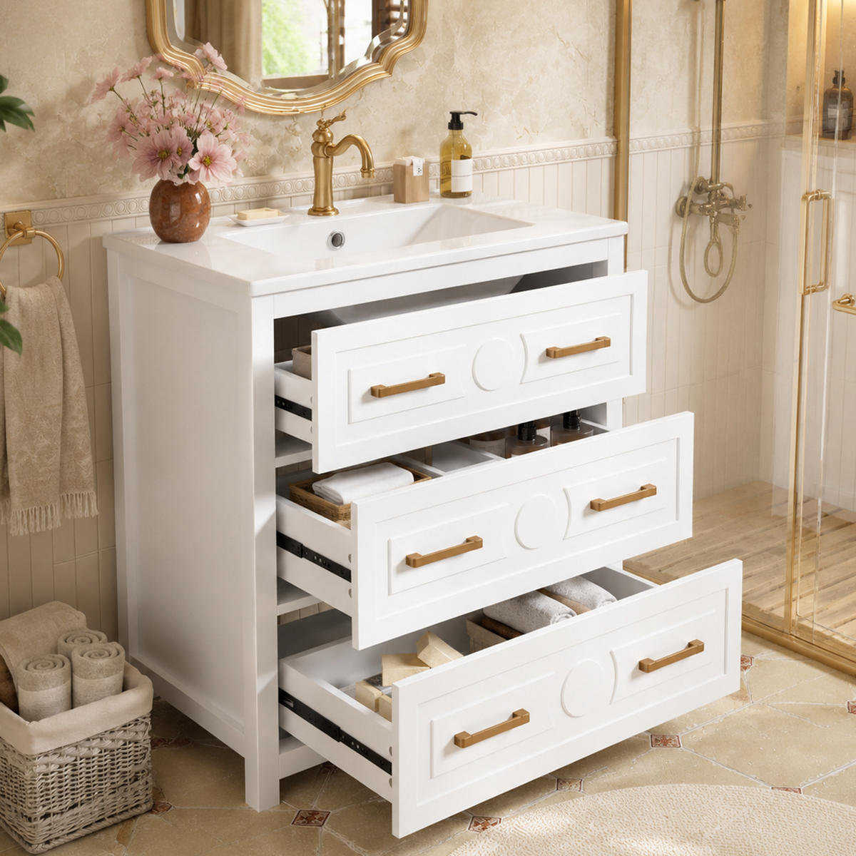 WASCHTISCHKOMBI 76.5/47/82 cm Weiß mit 3 Schubladen, ohne Wasserhahn - Goldfarben/Weiß, Holz/Holzwerkstoff (47/82/76.5cm) - Oxeza