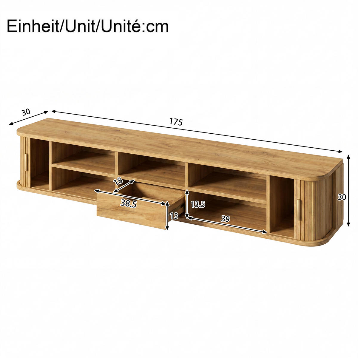 TV-BOARD Wandhängend MDF LED Rillenoptik Wohnzimmer - Naturfarben, Holzwerkstoff (175/30/30cm) - FLIEKS