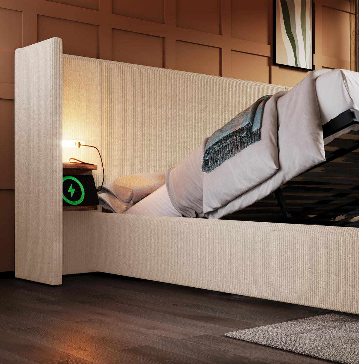 BETT mit Stauraum 180x200 cm Cord Beige mit USB und Leselampe - Beige, Metall (180/200cm) - Meubliv