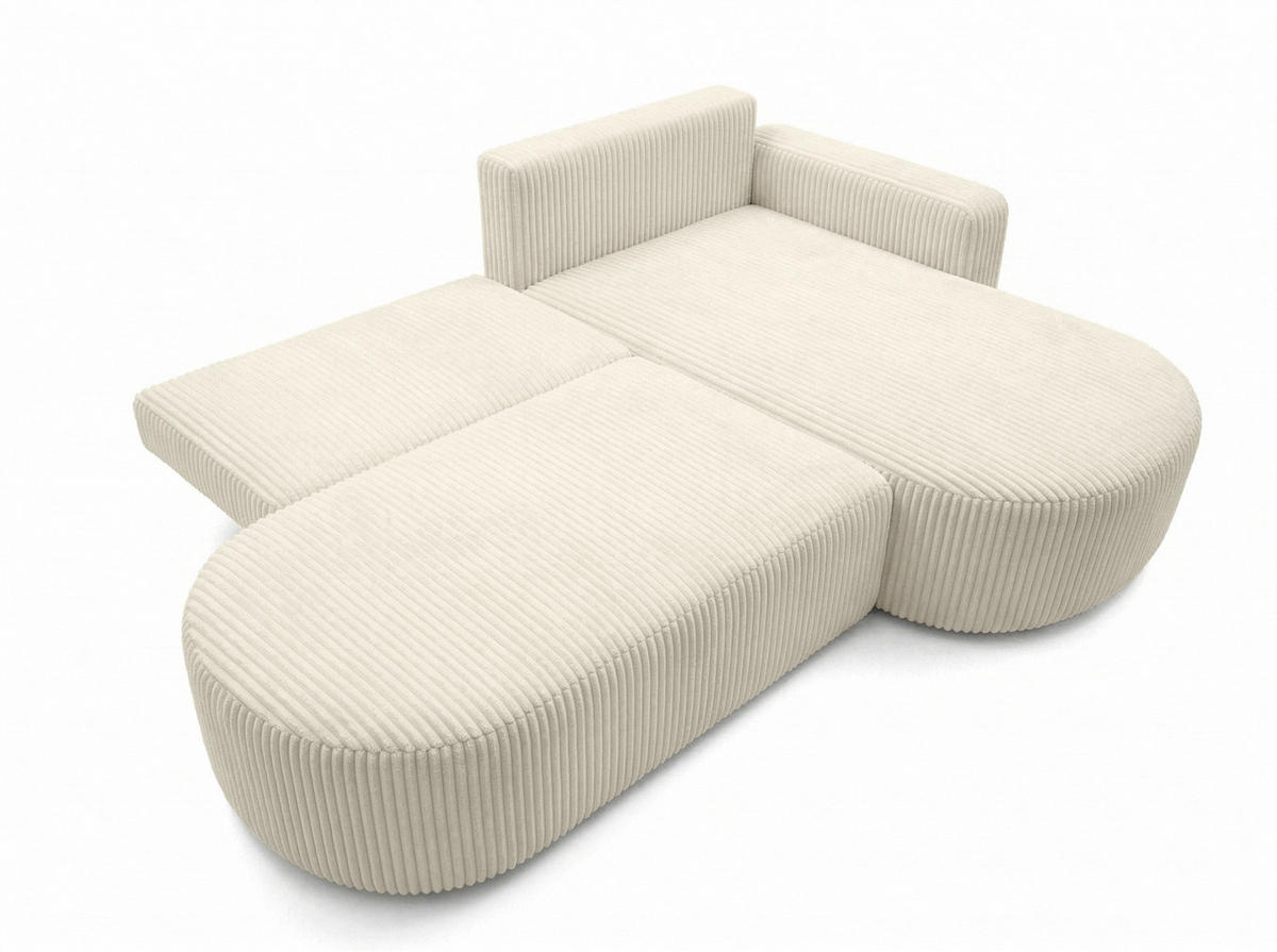 ECKSOFA Mit Schlaffunktion Und Bettkasten, Cordstoff Tilia, Ecru, Rechts, ROUND ONE OPEN XL - Ecru, Holz (262/175cm) - Kaiser Möbel