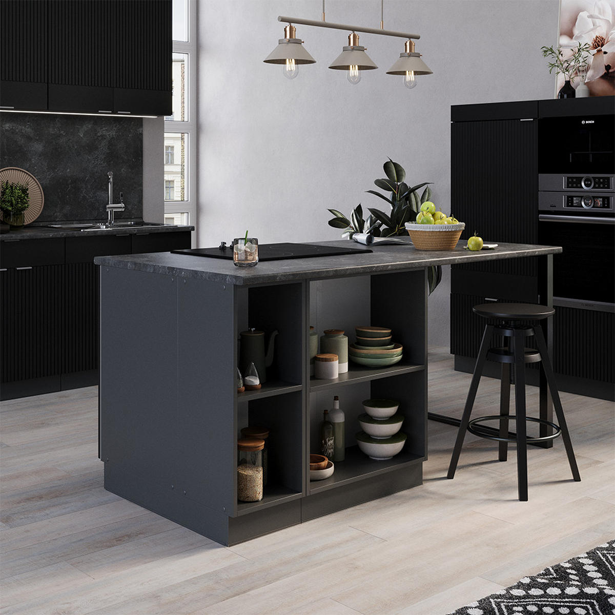 KÜCHENINSEL Fame-Line, Schwarz gestreift, 90 cm mit Schublade, ohne Arbeitsplatte - Anthrazit/Schwarz, Holzwerkstoff (90/82/60cm) - Vicco