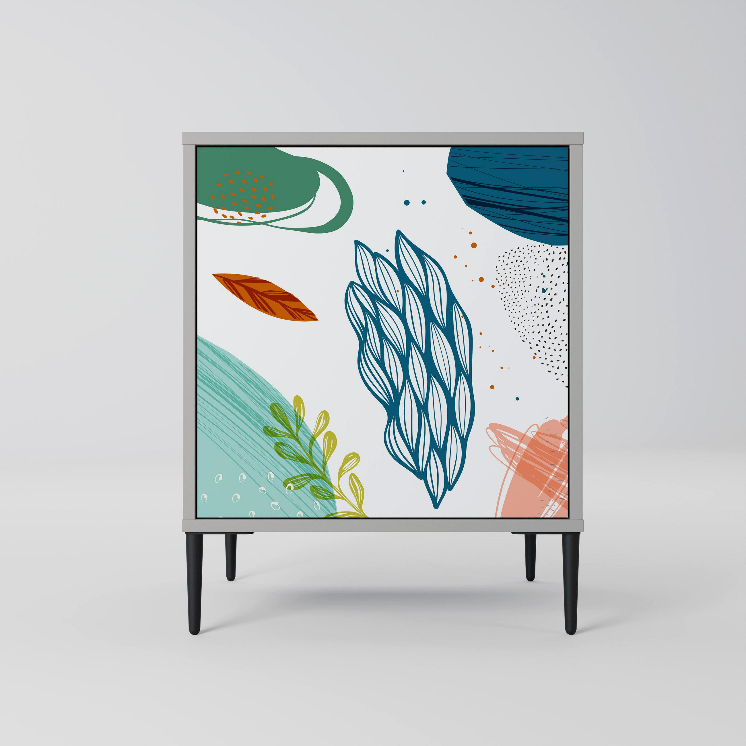 SIDEBOARD BOTANICAL HURRICANE, Grau, 57,5x42x72,5 cm, Schwarze Metallfüße - Multicolor/Schwarz, Holzwerkstoff/Metall (57.5/72.5/42cm) - SpaceRebels