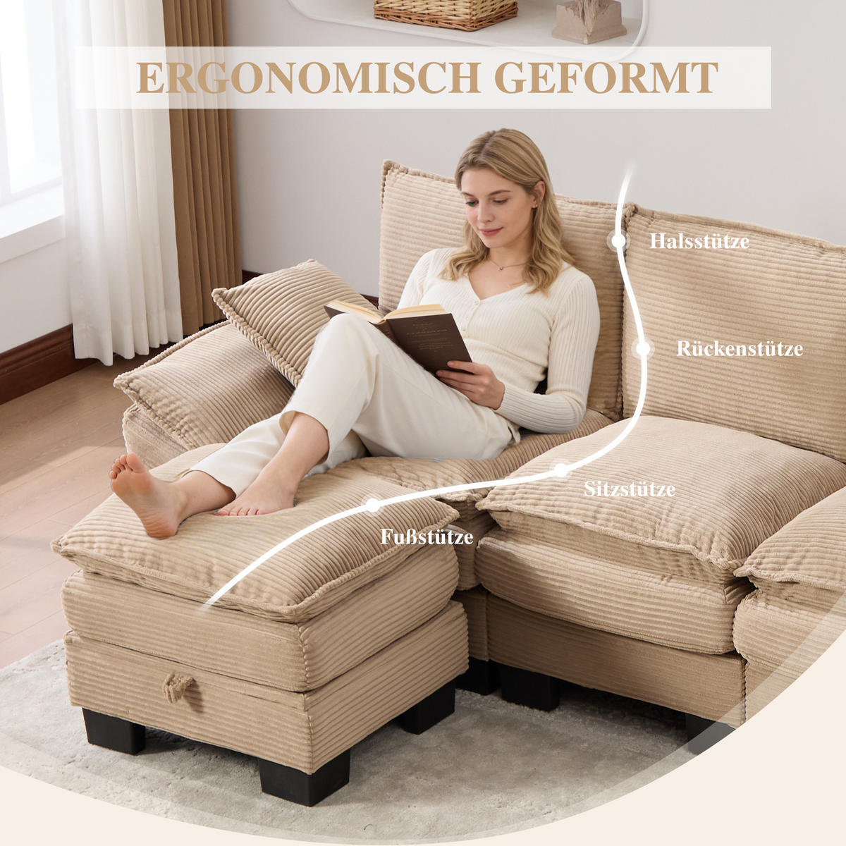 WOHNLANDSCHAFT Cord Khaki mit USB-C, Seitentaschen und 2 Hockern - Hellbraun, Holzwerkstoff/Kunststoff (330/84/132cm) - WISHDOR