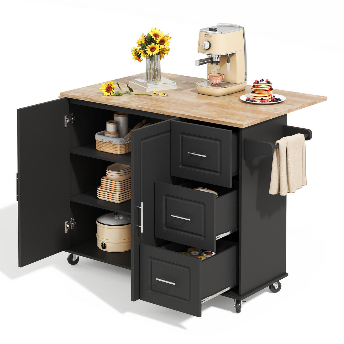 KÜCHENINSEL 137/43(76)/92 cm schwarz klappbar 3 Schubladen & Rollen - Schwarz, Holzwerkstoff (137/92/76cm) - OKWISH