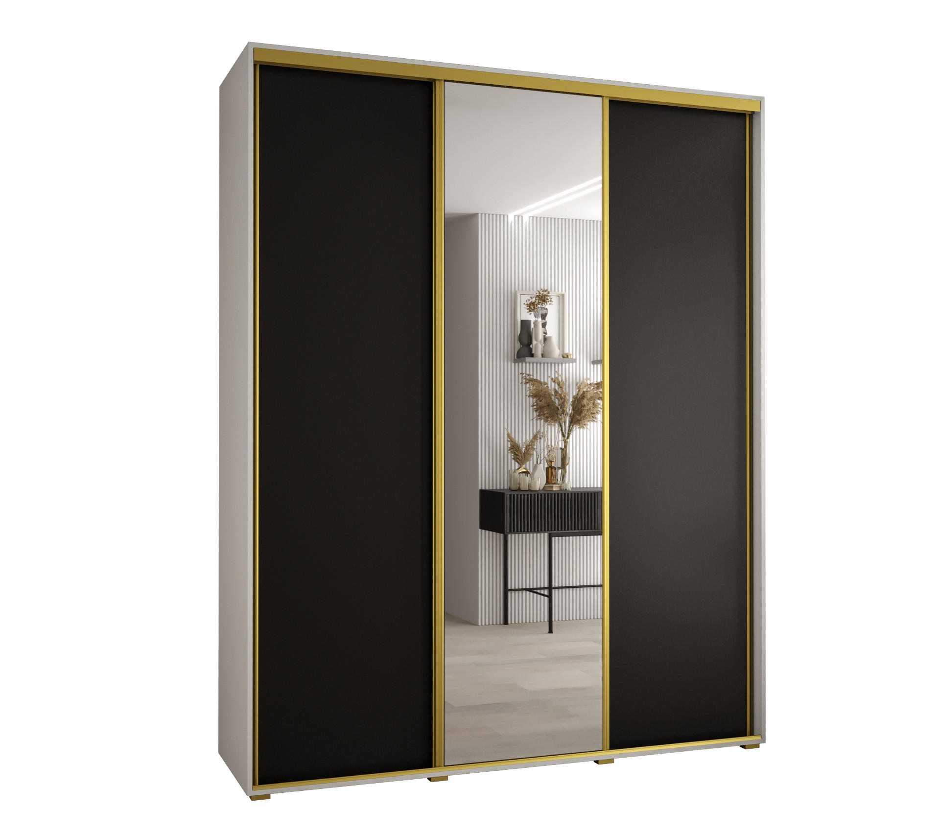 Abiks Möbel Schwebetürenschrank Weiß, Schwarz, Gold 200x235x45 cm