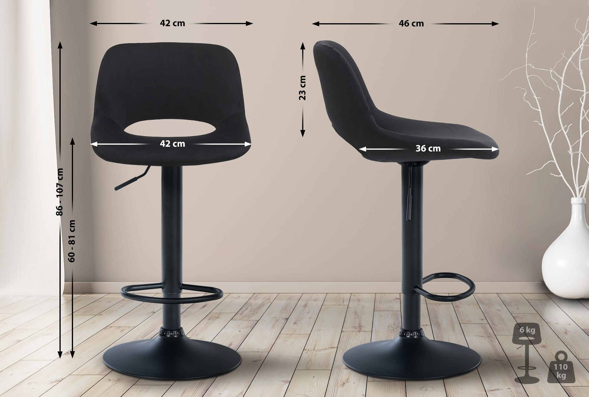 BARHOCKER JAKSON Schwarz Samt Schwarz - Schwarz, Textil/Metall (42/86/46cm) - DELUKE