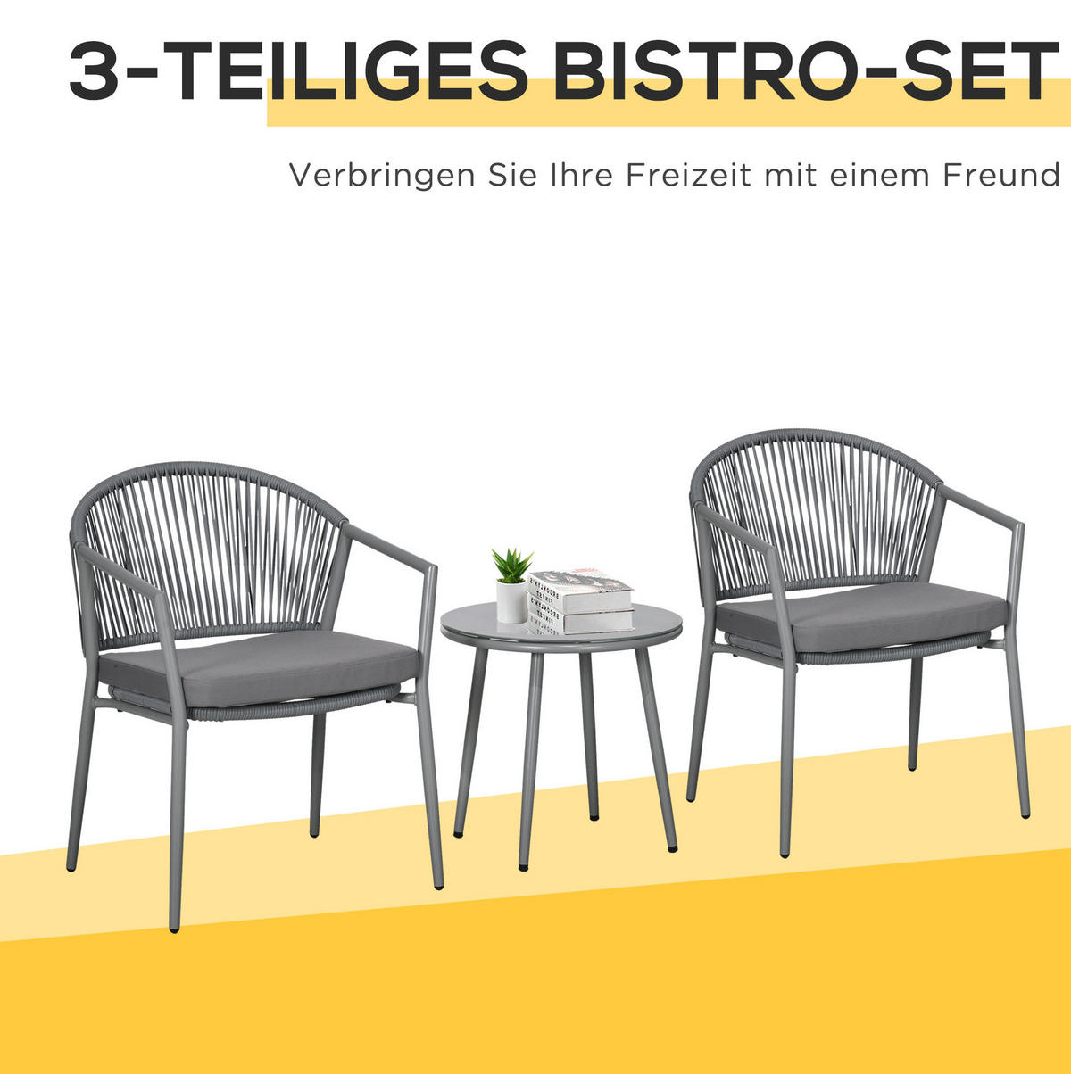 GARTENGARNITUR 3-teilig Ø48×46cm mit 2 Stühlen und Tisch,in Rattanoptik mit Kissen - Hellgrau, Naturmaterialen - Modfu