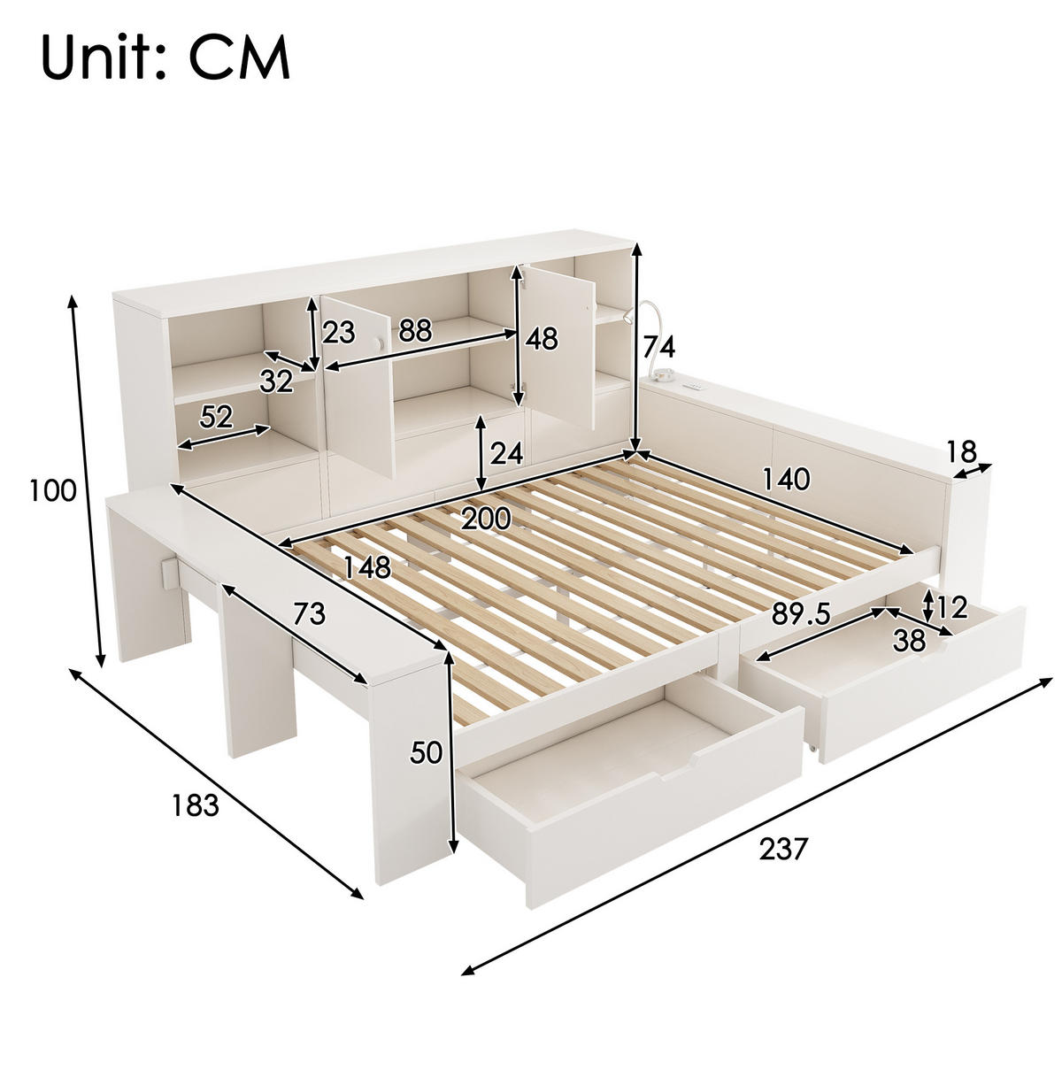 TAGESBETT aus Holzwerkstoff 140x200 cm Weiß mit Schubladen, Stauraum und USB-/USB-C-Anschlüssen - Weiß, Holzwerkstoff (140/200cm) - IVMEU