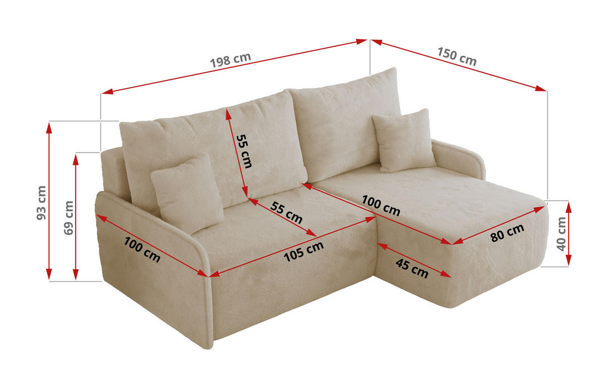 ECKSCHLAFSOFA ARPA L Creme Plüsch - rechts - Creme/Schwarz, Kunststoff/Textil (150/198cm) - MKS