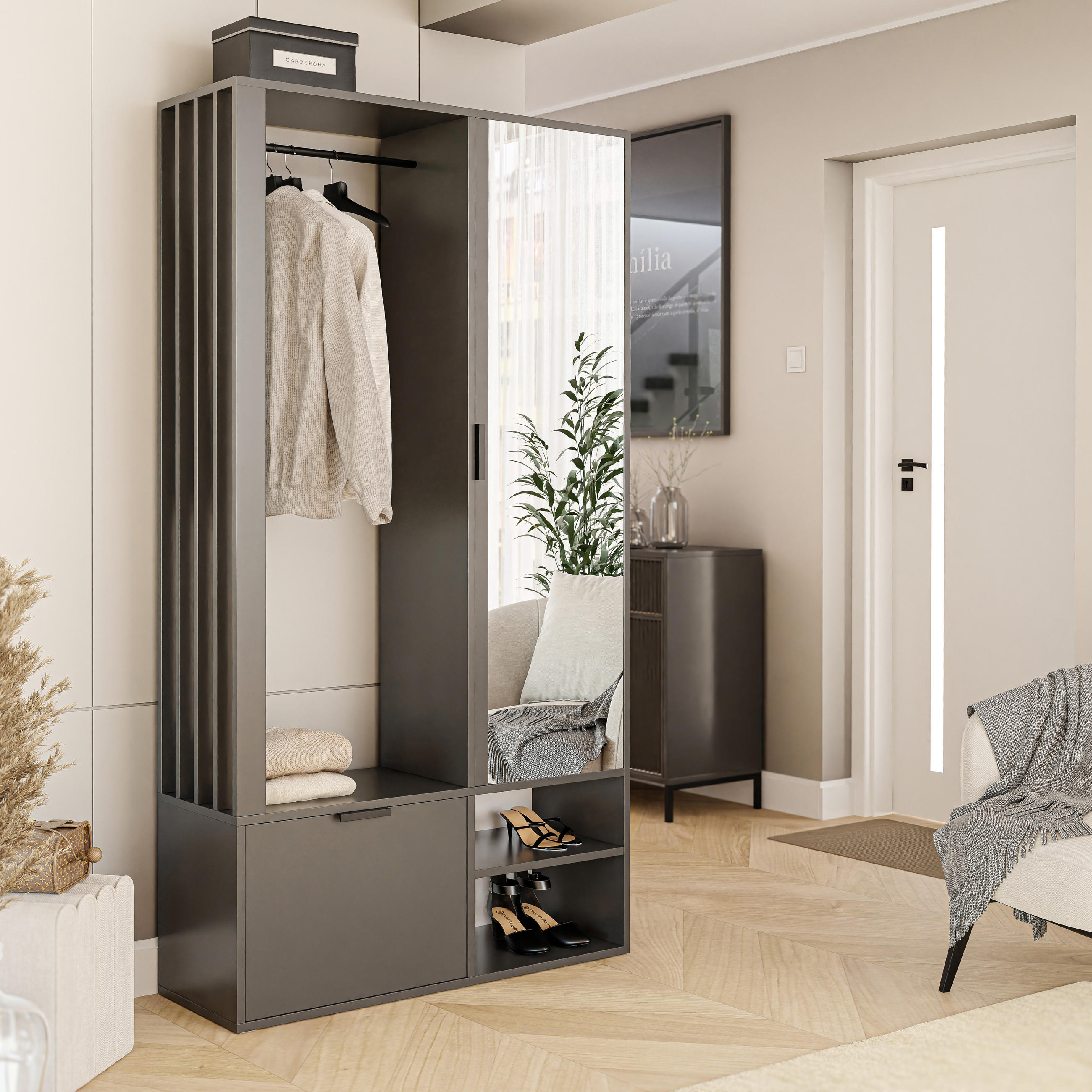 GARDEROBENSCHRANK mit Spiegel-mit Ablagen und Kleiderstange - Grau, Holzwerkstoff (100/190/33cm) - Idohome
