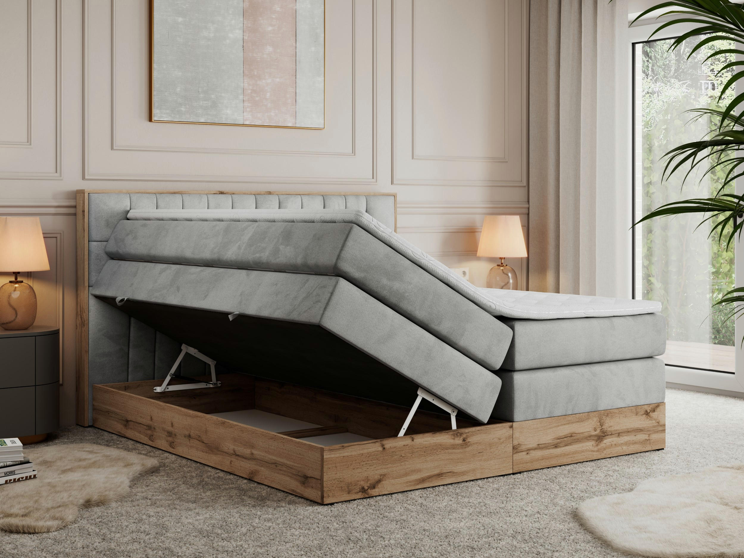 Thumbnail - MKS Boxspringbett, Hellgrau, Textil, 2-Sitzer, H4, Rechteckig, 180x200 cm, Schlafzimmer, Betten, Boxspringbetten