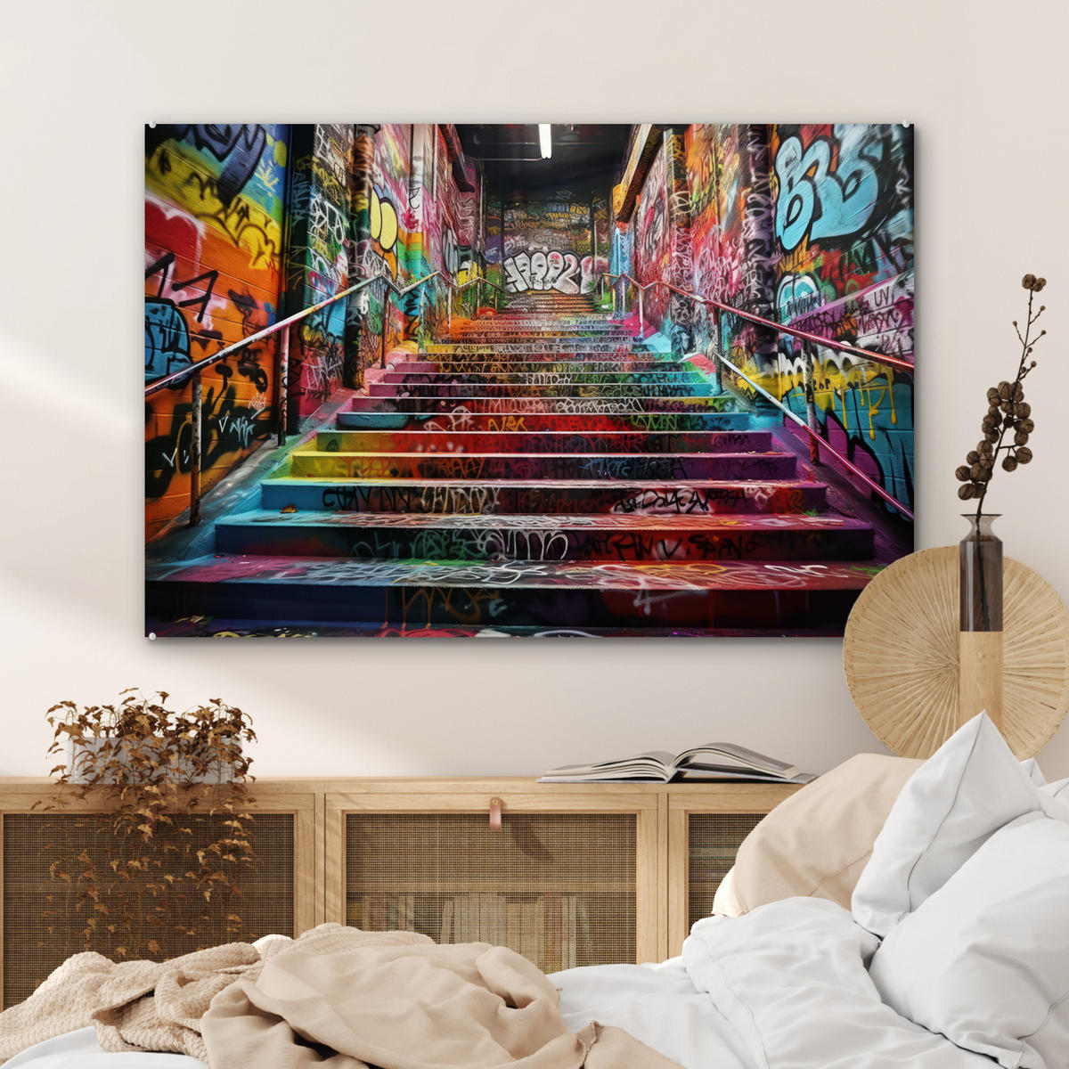 ACRYLGLASBILD Treppe - Graffiti - Farben - Kunst 90x60 cm - Multicolor, Glas (90/60cm) - MuchoWow