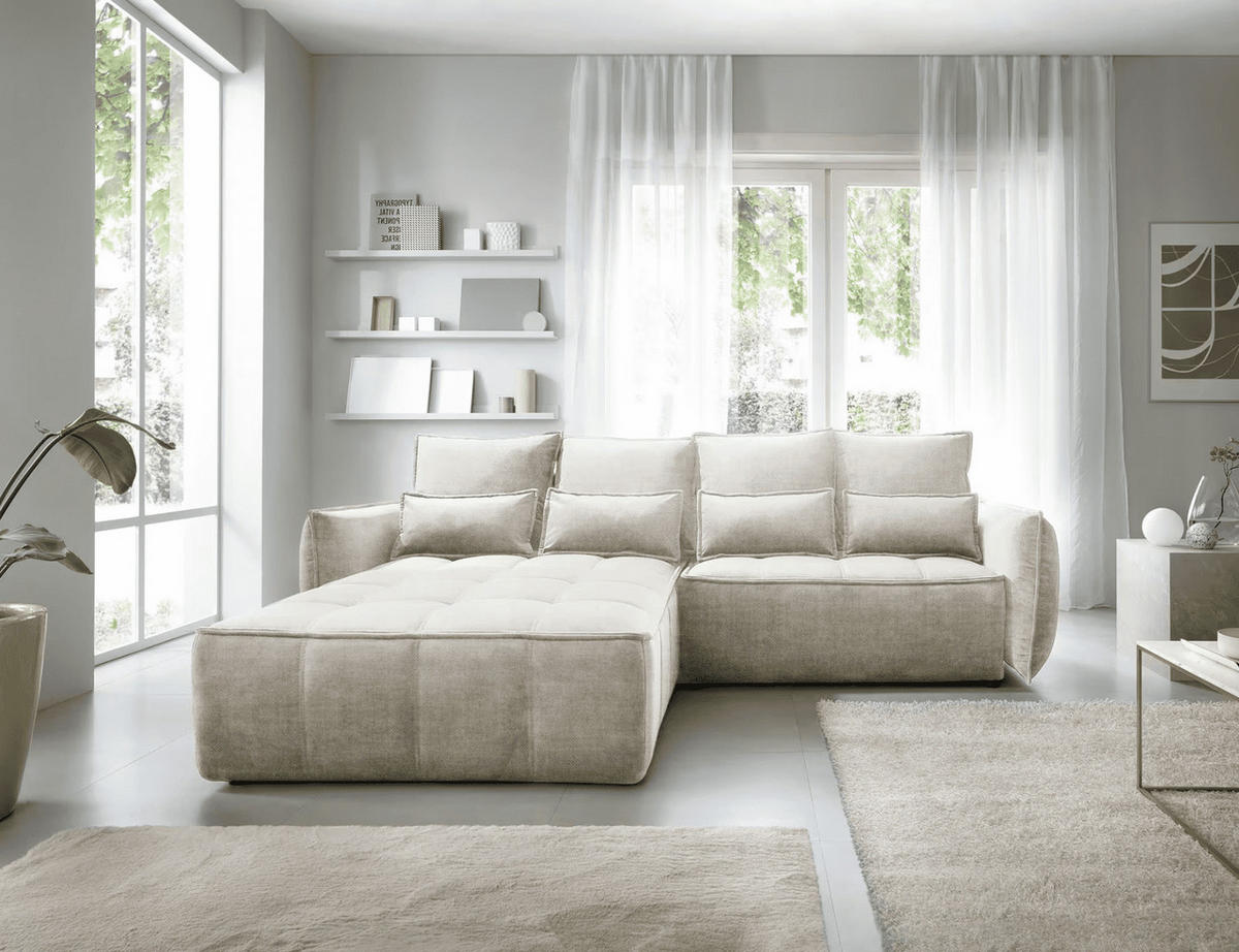 ECKSOFA mit Schlaffunktion und Bettkasten - Beige, Textil (265/196cm) - Eltap