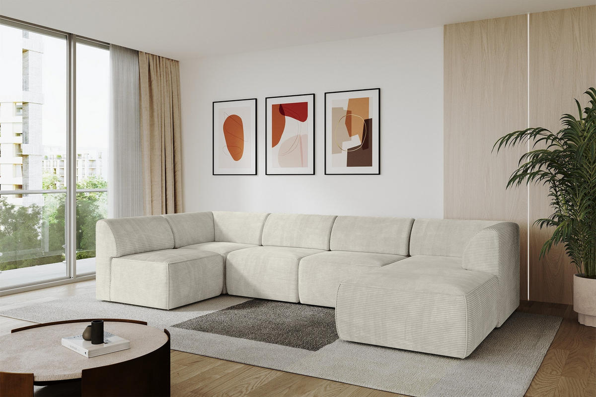 WOHNLANDSCHAFT Ottomane Rechts MOVO-L 345x180x78 cm Cream Cord - Creme/Schwarz, Holzwerkstoff/Kunststoff (345/78/180cm) - ALTDECOR