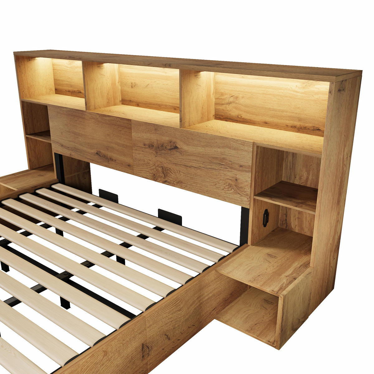STAURAUMBETT 180/200 cm DE-00801, in Eiche, Hydraulik und Nachttischen - Eichefarben, Holz (180/200cm) - ComfortXL
