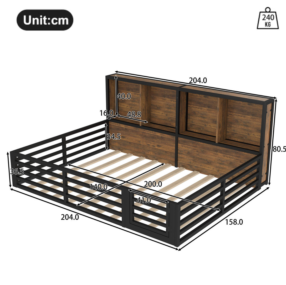 KINDERBETT aus MDF & Metall 140x200 cm in Schwarz mit LED-Beleuchtung - Schwarz, Metall (140/200cm) - Modfu