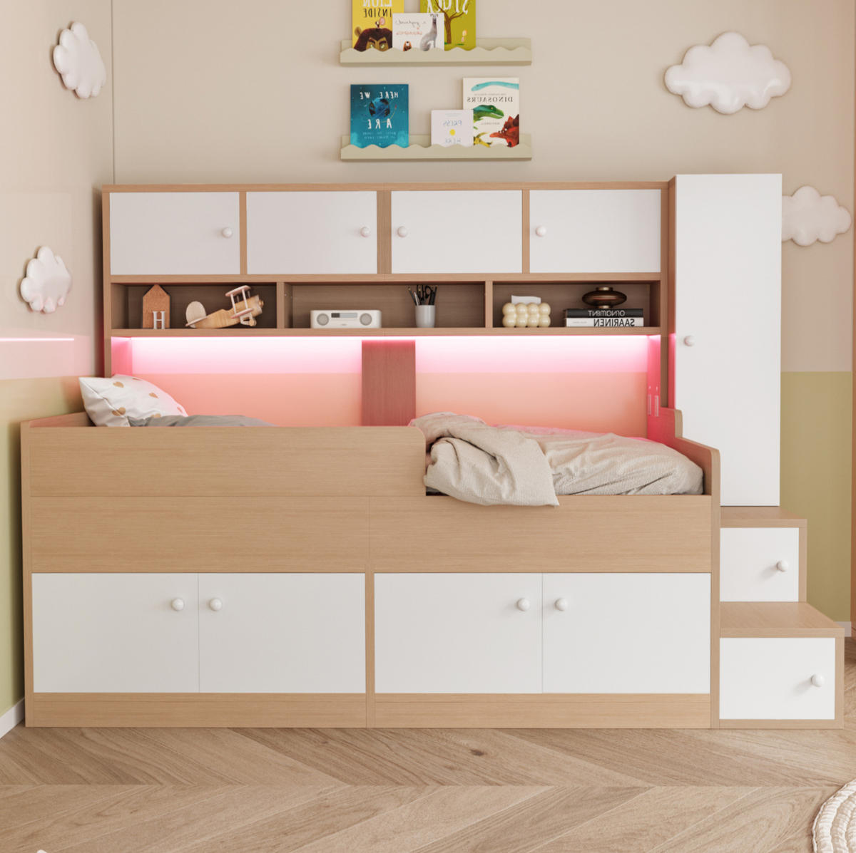HOCHBETT 90/200 cm aus MDF mit Stauraum, Kleiderschrank, LED-Beleuchtung und Sicherheitsgeländer, farbe - Eichefarben, Holzwerkstoff (90/200cm) - Redom