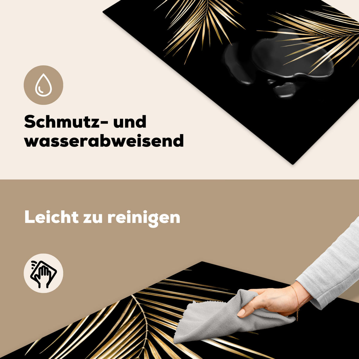 HERDABDECKPLATTE Blätter - Pflanzen - Gold - Schwarz - Luxus Ceranfeldabdeckung 85x52 cm - Goldfarben, Kunststoff (85/52/0.2cm) - MuchoWow