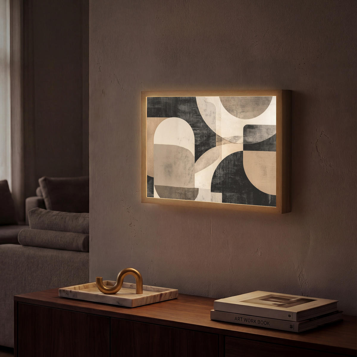 NÁSTĚNNÁ LAMPA S AKUMULÁTOREM Abstraktní - Tvary - Moderní - Béžová 40x30 cm - šedá, kompozitní dřevo (40/30/8cm) - OnlyWow