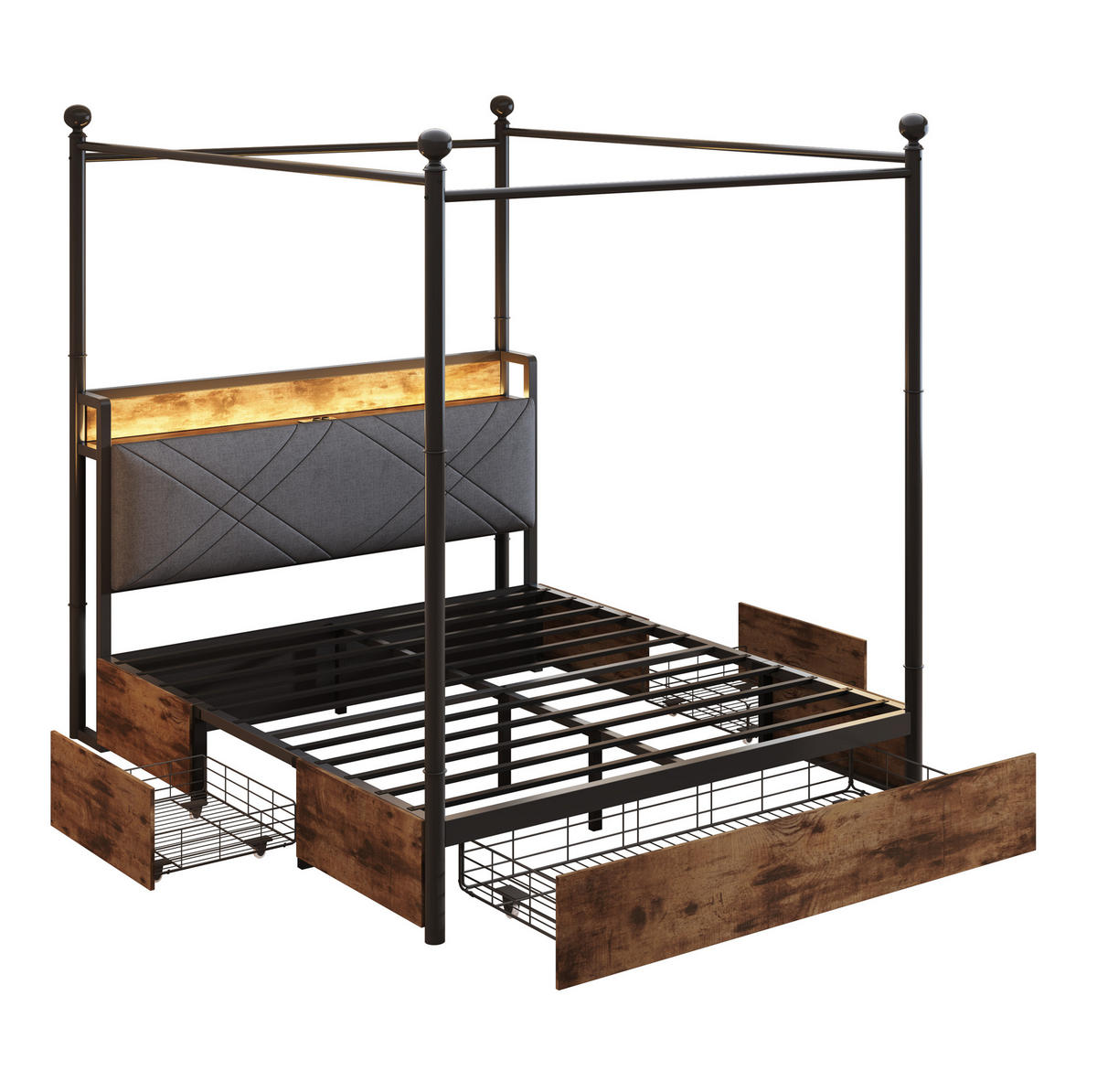 METALNI krevet 140/190 cm s uklonjivim baldahinom, LED osvjetljenjem i USB/Type-C priključcima, Crni - crna, metal (140/190cm) - Redom