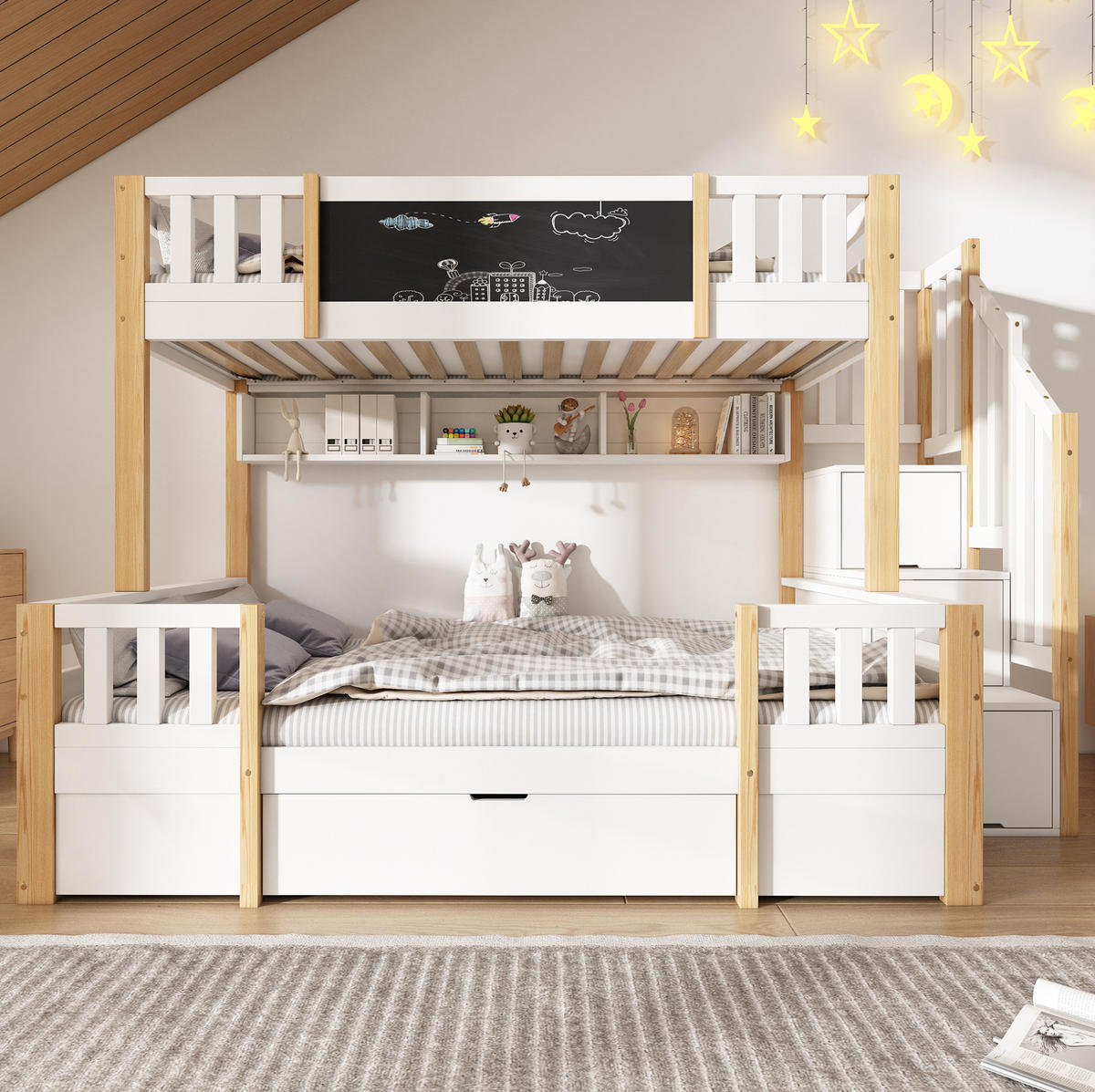ETAGENBETT 90/140x200 cm mit Kreidetafel, Stauraum und Leiter - Weiß, Holzwerkstoff (90/200cm) - OKMYHOME