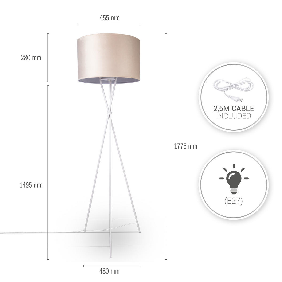 STEHLEUCHTE Kate Fl - Beige, Metall (48/48/177.5cm) - Paco Home