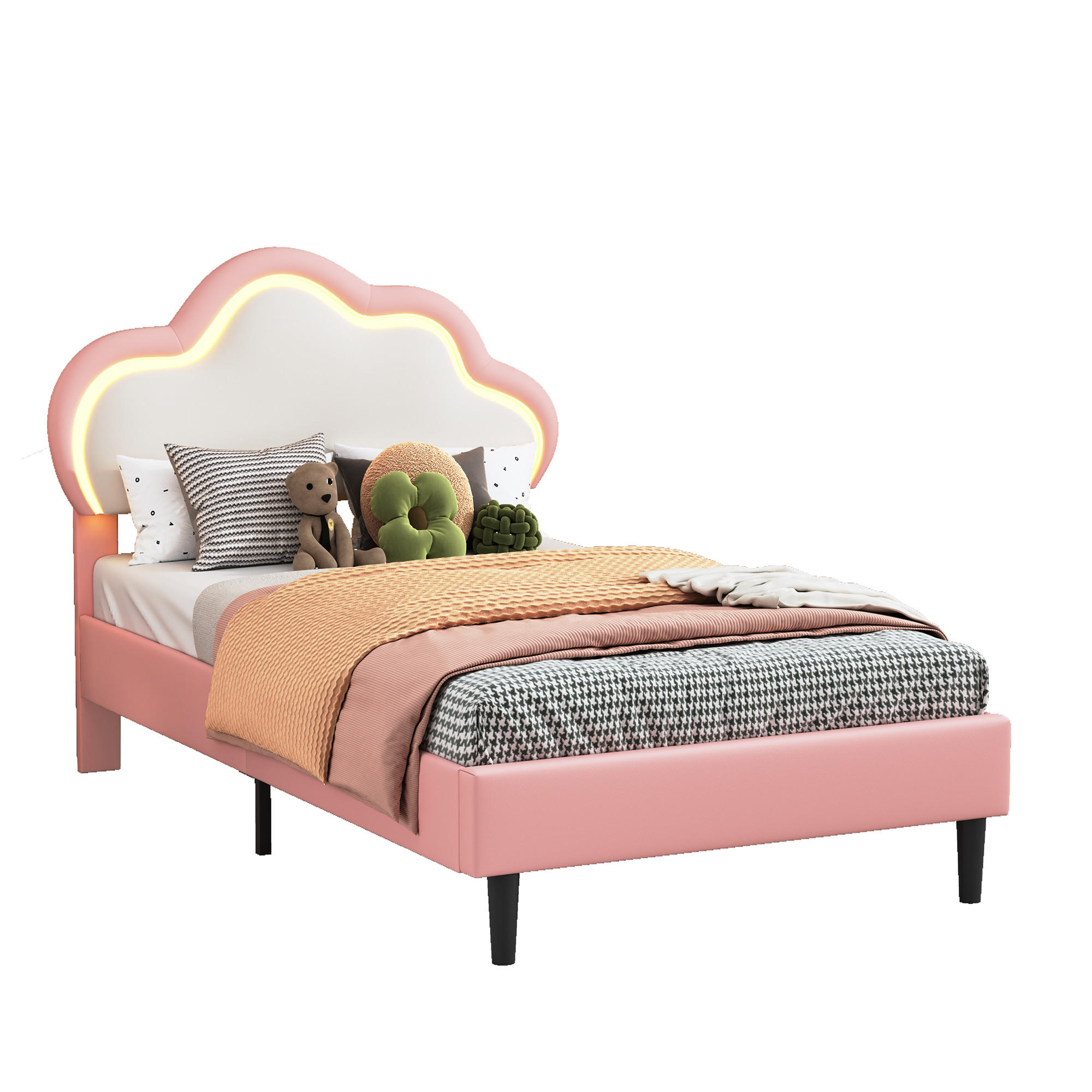 POLSTERBETT 90x200 cm mit verstellbarem Kopfteil & RGB-LED-Bettrahmen – Kinderbett / Einzelbett - Pink, Holz/Metall (90/200cm) - BursDany