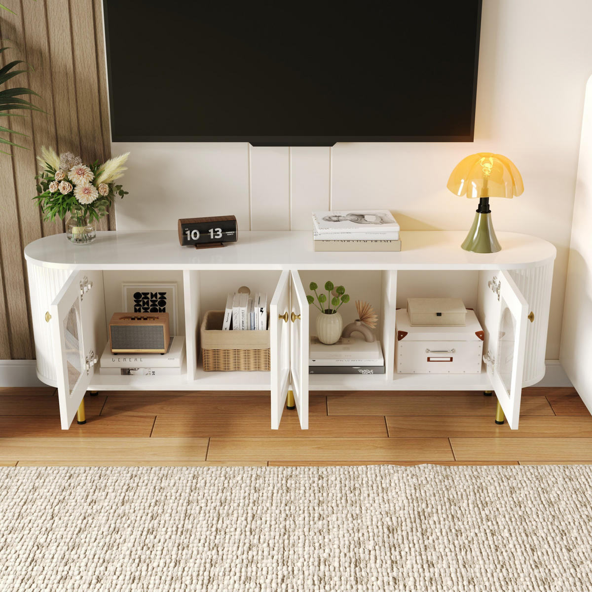 TV Lowboard 4 Glastüren, goldene Griffe, Weiß - Weiß, Holz (170/55/35cm)