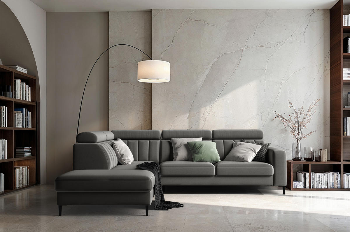 ECKSOFA Wohl rechts – Grau, mit Schlaffunktion, Bettkasten und verstellbaren Kopfstützen - Grau, Textil (278/263cm)