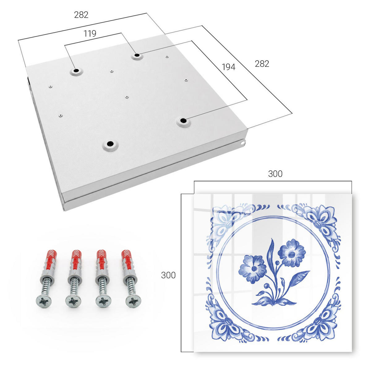 SCHLÜSSELBOX Weiß 30x30 cm – Türöffnung nach rechts - Blaue Blumen - Blau, Metall (30/30/5cm) - TULUP